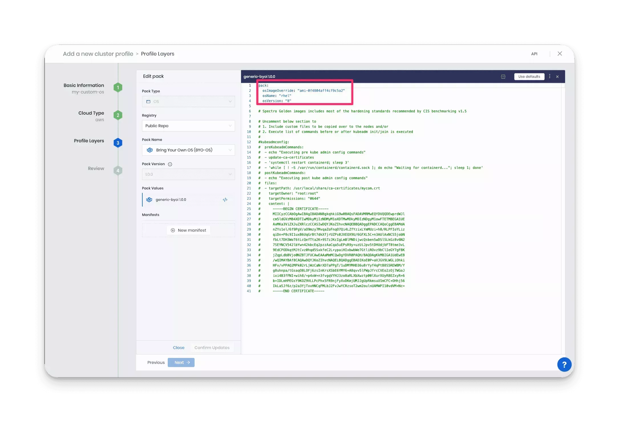 View of the cluster profile wizard