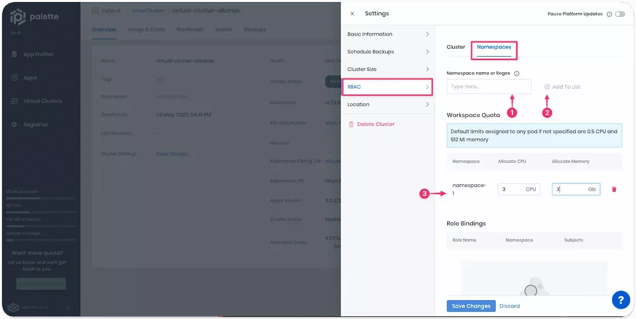 Cluster Settings pane with three arrows that point respectively to Namespace Name field, Add to List button, and the location where the namespace is listed